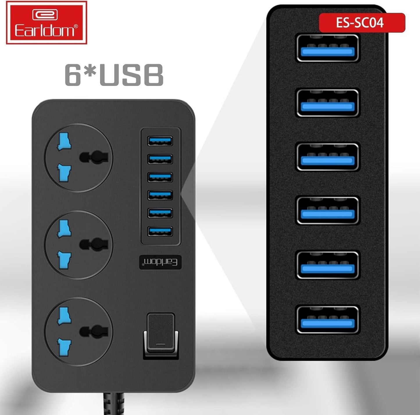 3000W Power Strip with 6 USB Ports & 3 AC Outlets – Auto-ID Smart Charging Extension product image