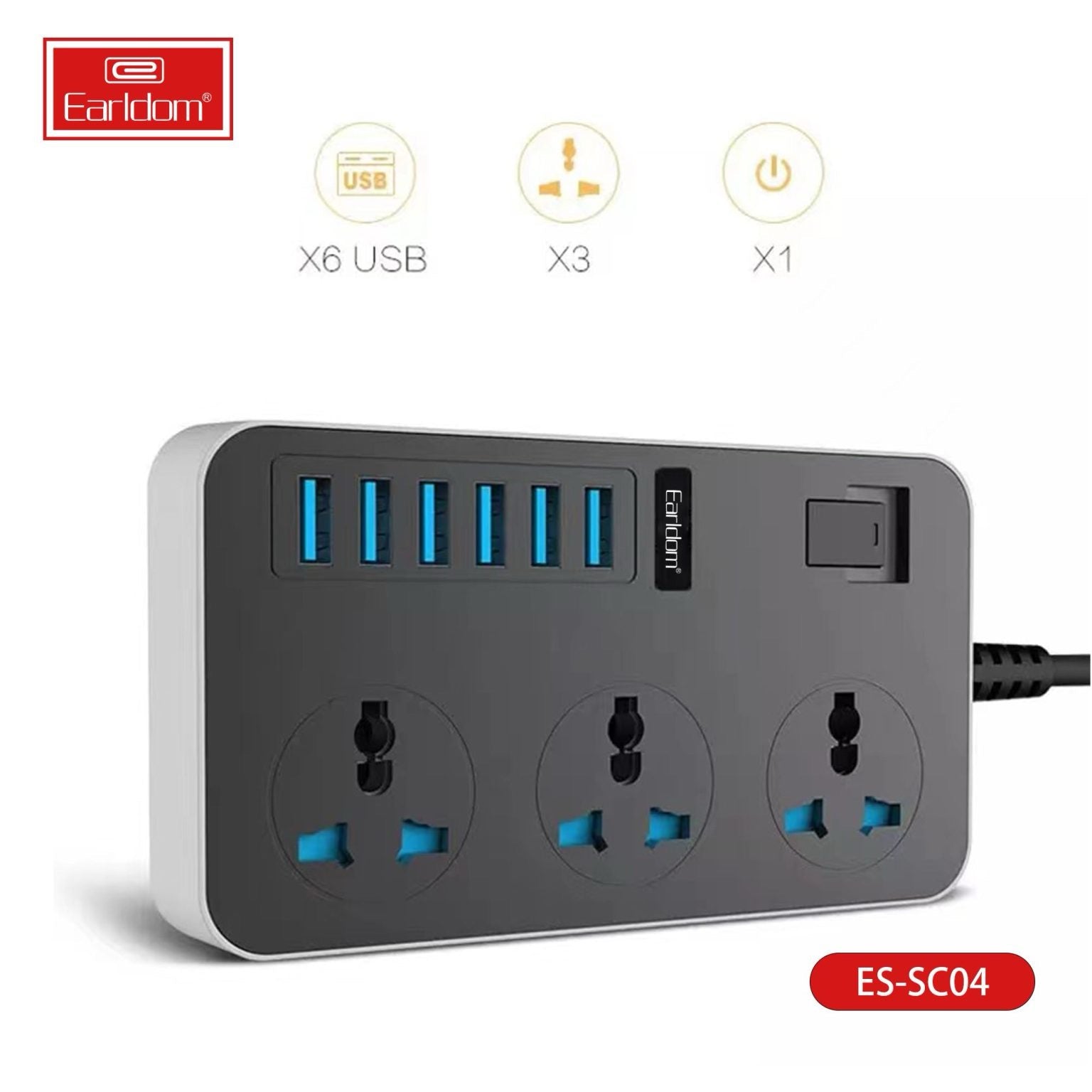 3000W Power Strip with 6 USB Ports & 3 AC Outlets – Auto-ID Smart Charging Extension product image