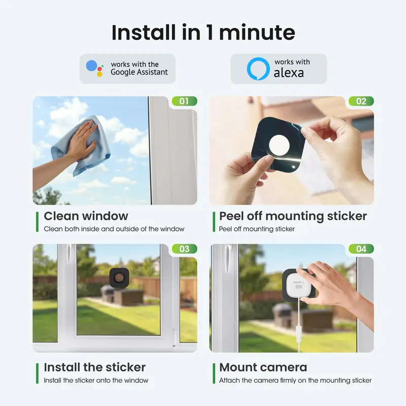 HomiQ Life Window Security Camera 3MP 2K, Indoor WiFi Cameras 2.4GHz/5GHz with Colorvue AI Color Night Vision, Motion & Person Detection with Auto-Focus , Easy Installation, 24/7 Recording Works with Alexa & Google Home